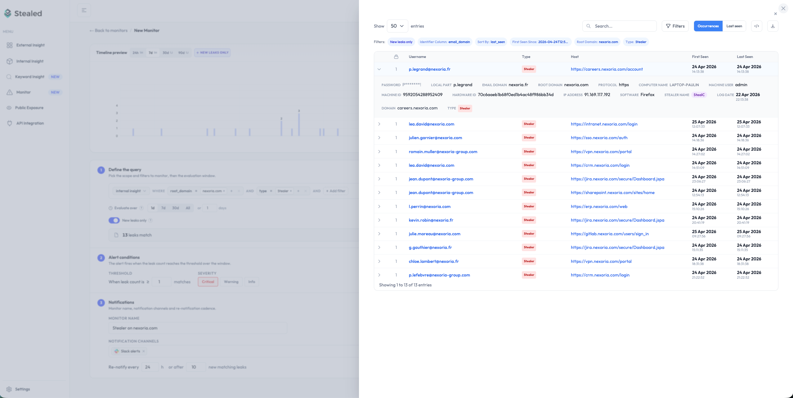 Prévisualisation des leaks qui matchent le monitor en cours de configuration, affichée à côté du formulaire