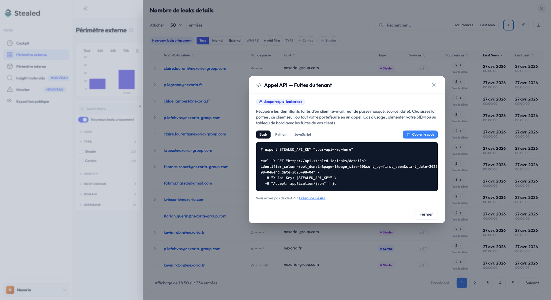 Appel API généré depuis la vue des fuites